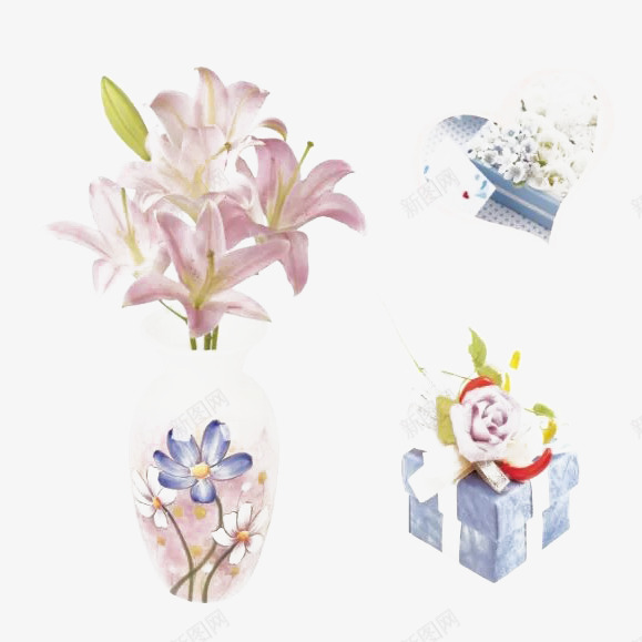 装饰图的组合png免抠素材_新图网 https://ixintu.com 礼品 粉色 花瓶 鲜花