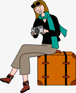 坐在行李箱手绘坐在行李箱上的女子人物插画矢量图高清图片