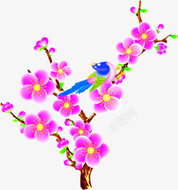 手绘粉色花朵小鸟装饰素材
