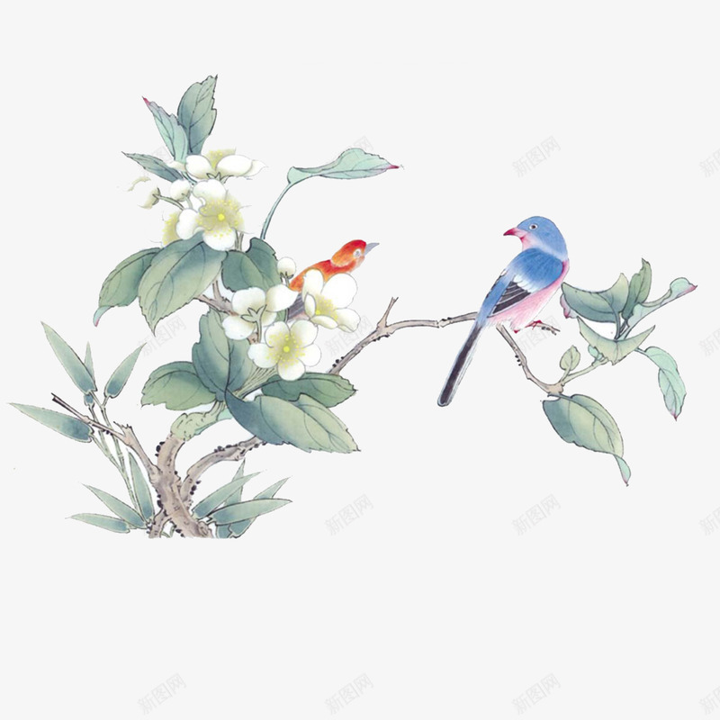 鸟在枝头png免抠素材_新图网 https://ixintu.com 中国风 小鸟 白色 花朵 花枝 蓝色 鸟在枝头