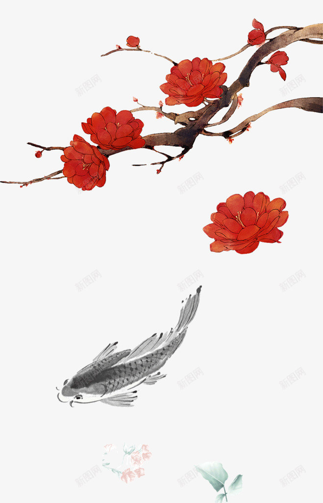 手绘红色花朵树枝png免抠素材_新图网 https://ixintu.com 树枝 红色 花朵