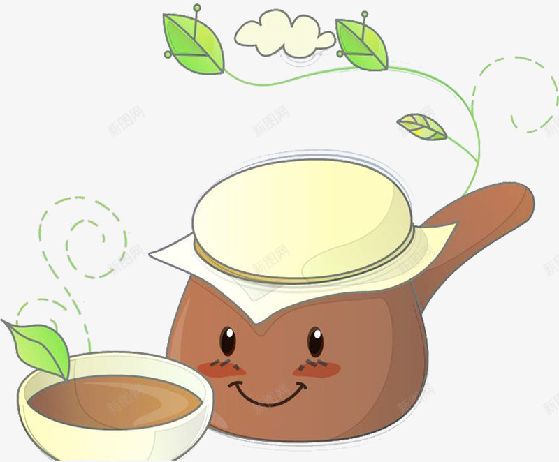 卡通版的茶壶茶杯png免抠素材_新图网 https://ixintu.com 动漫动画 卡通手绘 绿叶 茶叶 茶壶 茶杯 装饰图