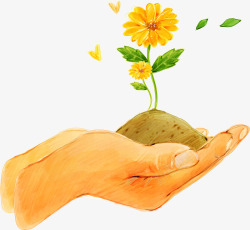 手绘黄色小花土壤环保公益手势素材