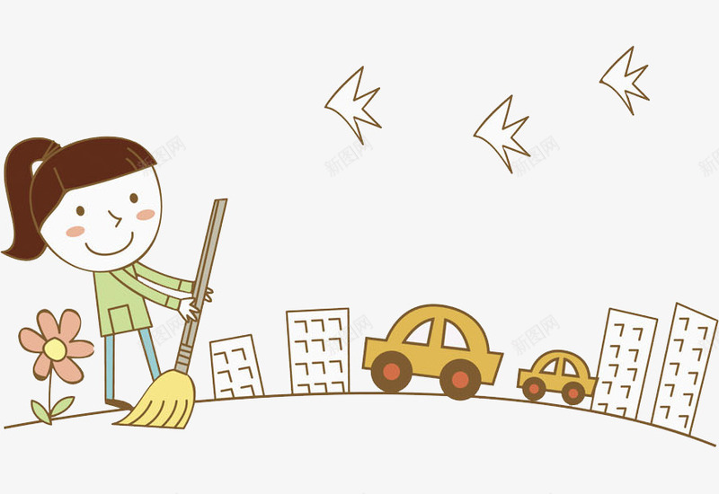 扫地的女孩png免抠素材_新图网 https://ixintu.com 卡通 女孩 小汽车 小鸟 扫地的 插图 环卫工人