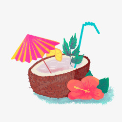 卡通椰子汁水彩绘夏威夷椰汁和扶桑花高清图片