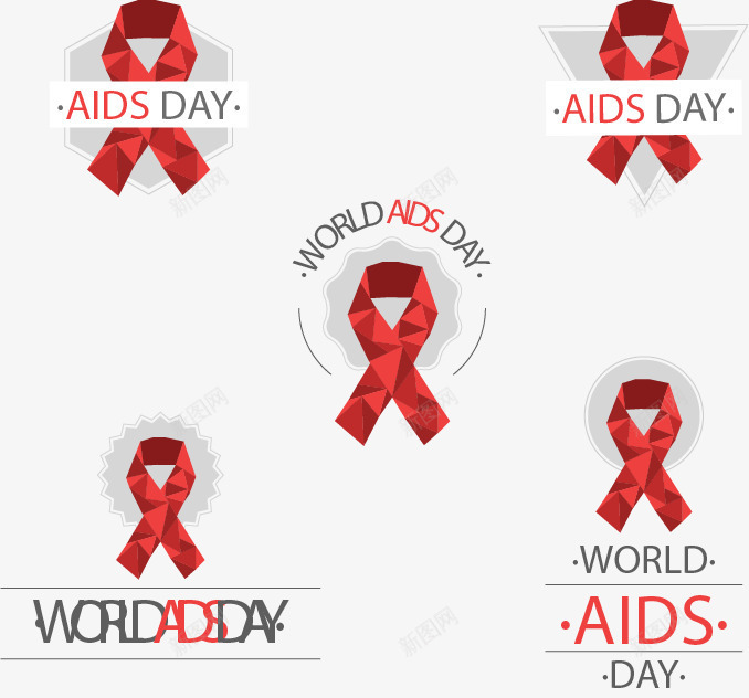 5个低多边形红丝带png免抠素材_新图网 https://ixintu.com 世界艾滋病日 健康标签 矢量素材 红丝带