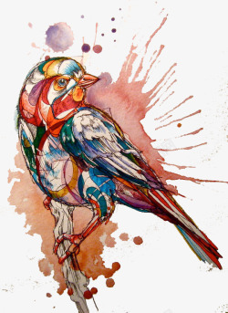 泼墨小鸟手绘透明底素材