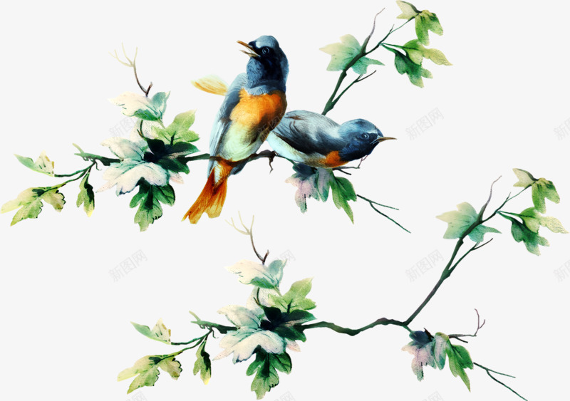 树枝上的小鸟png免抠素材_新图网 https://ixintu.com 卡通 叶子 小鸟 手绘 树枝