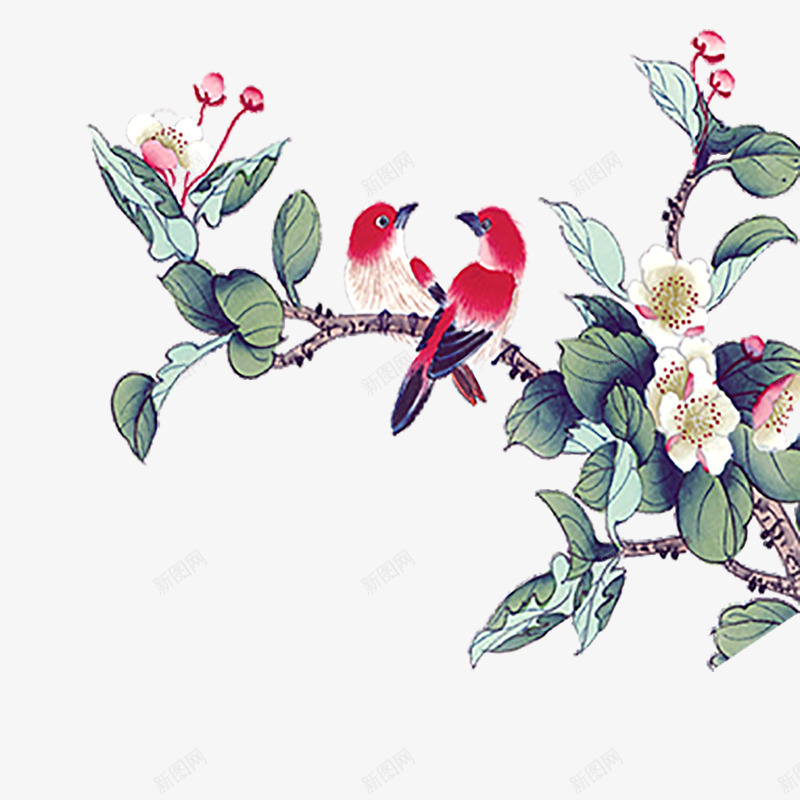 卡通手绘树枝上的喜鹊psd免抠素材_新图网 https://ixintu.com 两只喜鹊 卡通 手绘 树叶 树枝上的喜鹊 粉色花朵
