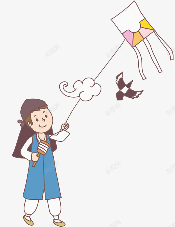 放风筝的女孩png免抠素材_新图网 https://ixintu.com 云彩 卡通 可爱的 小女孩 小鸟 风筝 高兴地