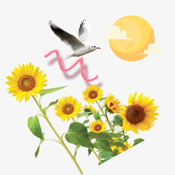 水彩太阳花清新手绘水彩花卉小鸟绿叶边框素高清图片