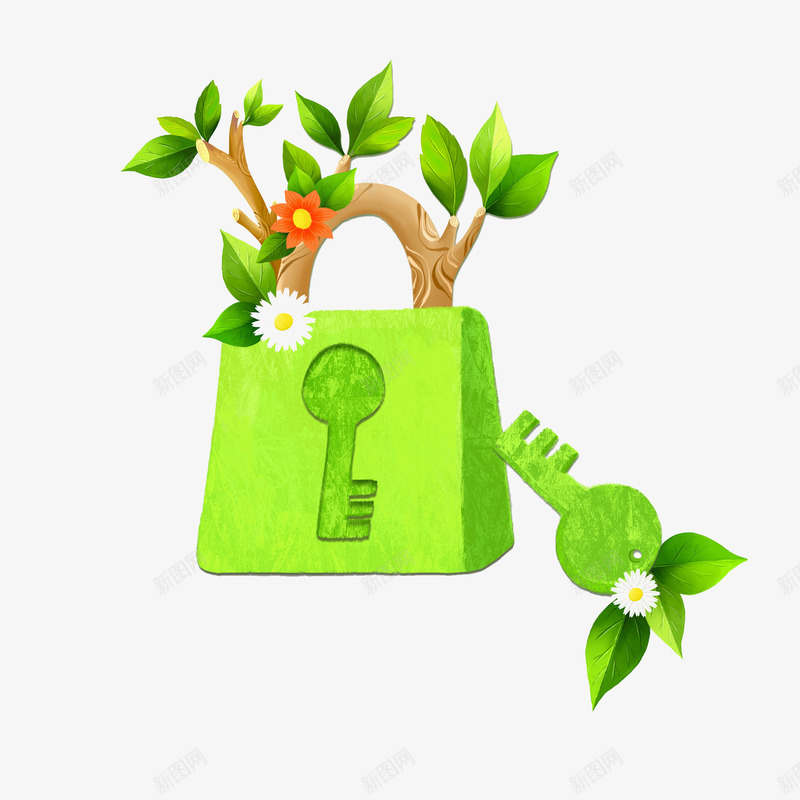 绿色的锁png免抠素材_新图网 https://ixintu.com 卡通 手绘 插图 树枝 环保 绿叶 钥匙 锁头