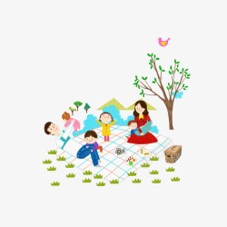 一家小鸟卡通家庭聚会野餐高清图片