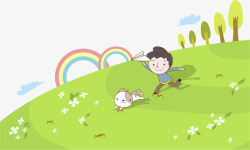 彩虹大树小男孩和宠物在草坪玩耍高清图片