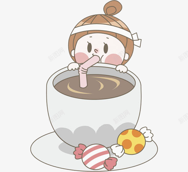 喝咖啡的小姑娘png免抠素材_新图网 https://ixintu.com 卡爱 卡通 吸管 咖啡 女孩 彩色 手绘 白色 糖果