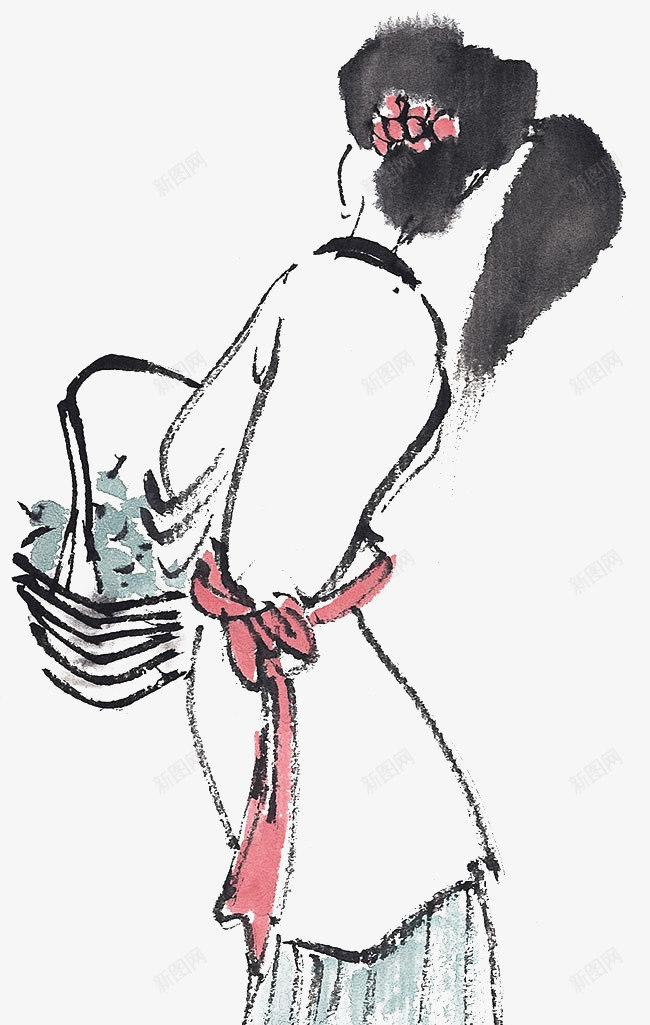 背影png免抠素材_新图网 https://ixintu.com 古代 女人 果篮 水墨画 水墨画女性 蓝红