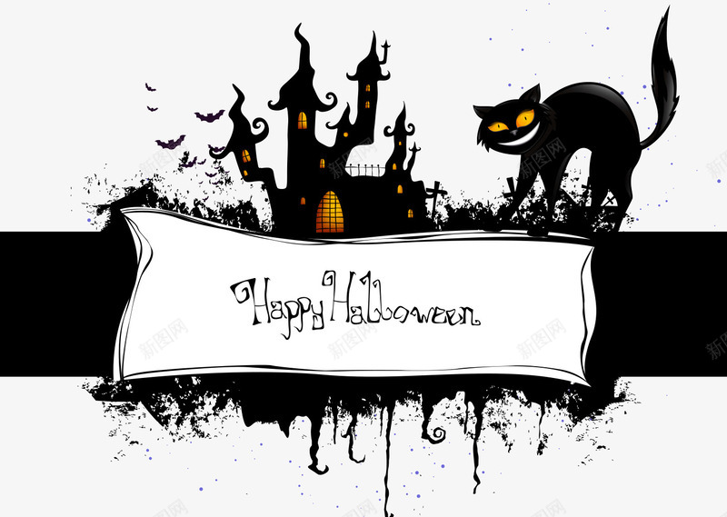 万圣节png免抠素材_新图网 https://ixintu.com hallowee happy 万圣节 树枝 蝙蝠 鬼屋 黑猫 黑色城堡