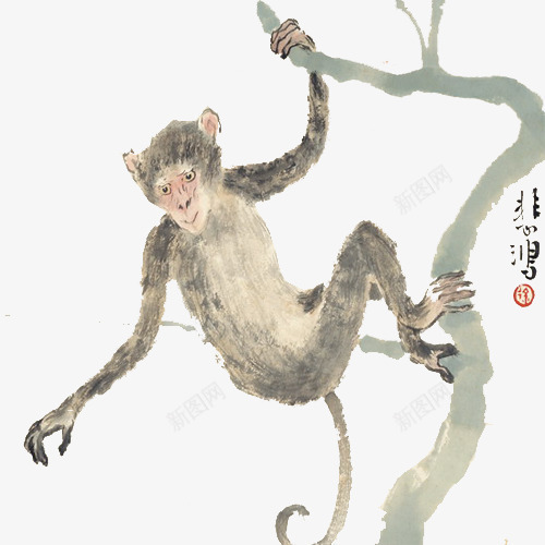 猴子爬树png免抠素材_新图网 https://ixintu.com 中国风 动物 树枝 灰色 猴子