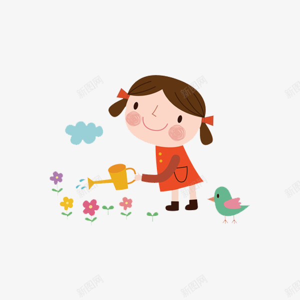 浇花的女孩png免抠素材_新图网 https://ixintu.com 可爱的 小女孩 小鸟 插图 水壶 浇花 漂亮的 爱心