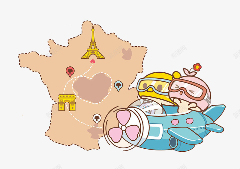 卡通法国地图旅行png免抠素材_新图网 https://ixintu.com 地图 旅行 法国 飞机