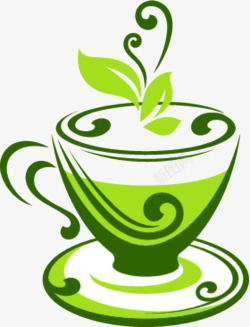 热气茶水绿色手绘茶杯茶水高清图片