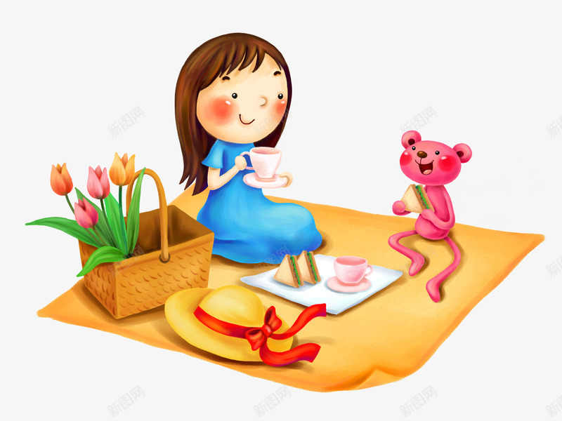 野餐的卡通女孩和熊玩具psd免抠素材_新图网 https://ixintu.com 一家人 出游 卡通女孩 清明踏青 熊玩具 野餐