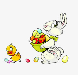 抱彩蛋的小白兔和破壳的小黄鸭素材