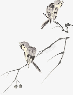 水墨风树枝上的小鸟素材
