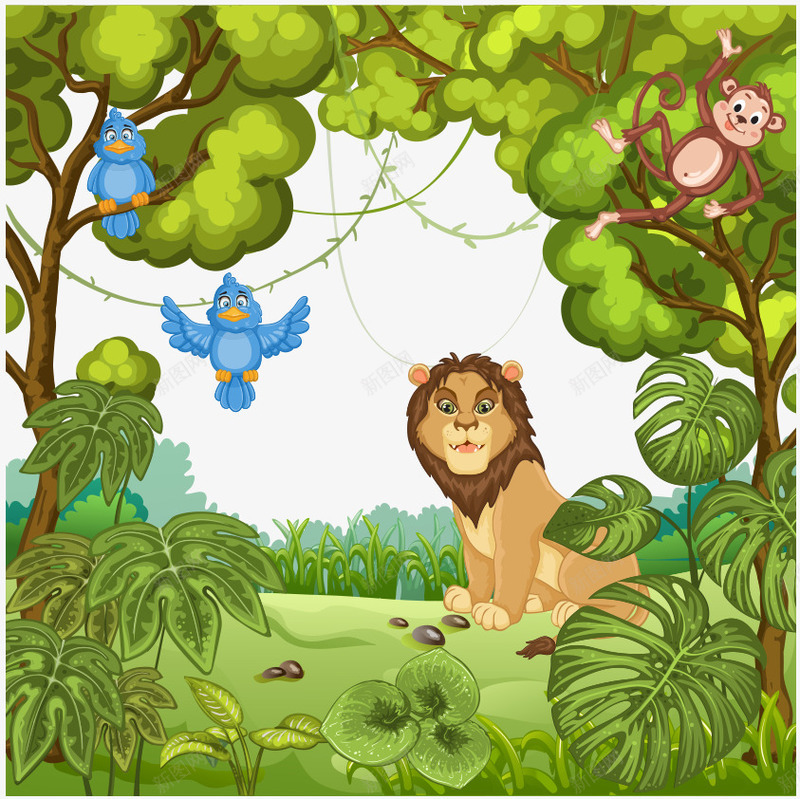 卡通手绘森林小鸟狮子png免抠素材_新图网 https://ixintu.com 卡通的动物 手绘的小鸟 手绘的狮子 森林的狮子