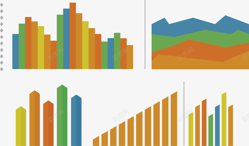 彩色数据图表组合png免抠素材_新图网 https://ixintu.com 向上箭头 扁平化 数据图表 柱形图 面积图