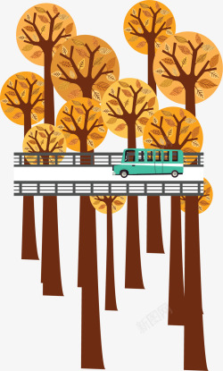 秋天树林桥上的汽车矢量图素材