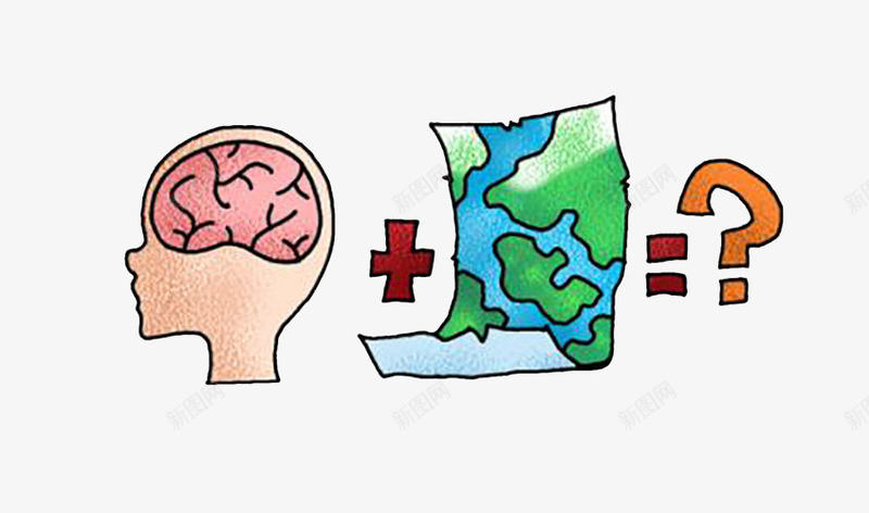大脑和一张地图png免抠素材_新图网 https://ixintu.com 一张地图 加法 可乐喷溅 等号 绿蓝色 透视的大脑 问号