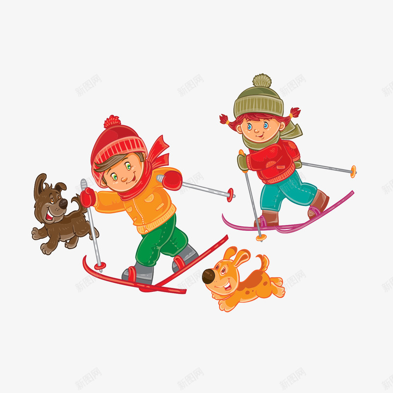 与小狗一起滑雪可爱图案矢量图ai免抠素材_新图网 https://ixintu.com 保暖服装 冬季活动 好朋友 小人 小狗 滑雪 滑雪的小朋友 玩耍 矢量图 雪橇
