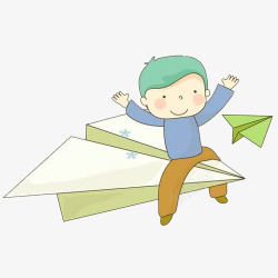 男孩乘坐纸飞机卡通手绘素材