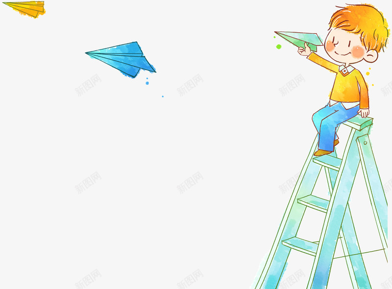 梯子上折纸飞机的男孩png免抠素材_新图网 https://ixintu.com 卡通 梯子 男孩 纸飞机