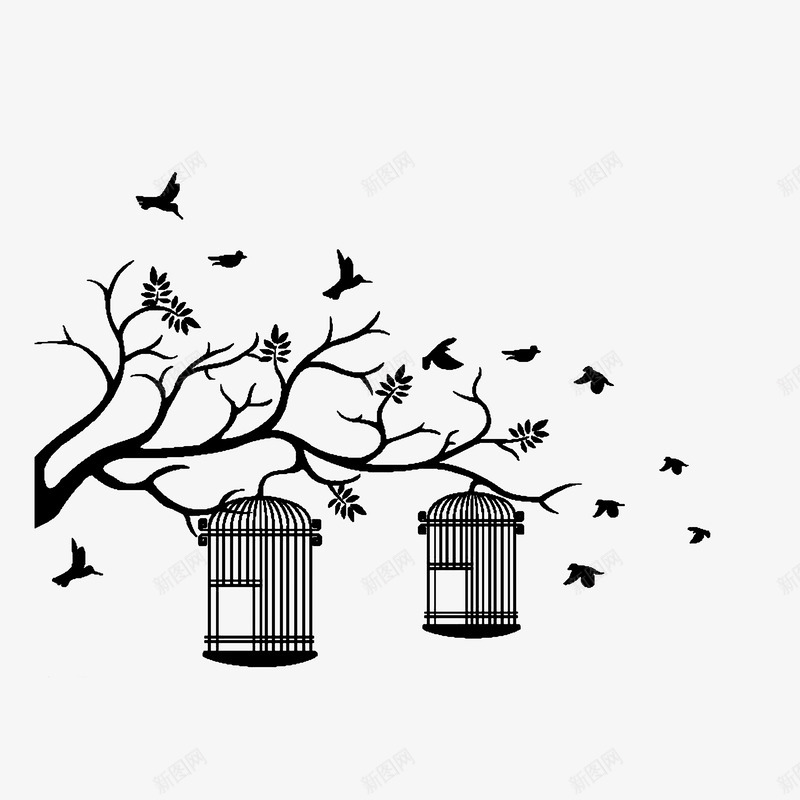 挂在枯树下的鸟笼图标psd_新图网 https://ixintu.com 小鸟 手绘枯树枝 挂在枯树下的鸟笼 黑色手绘