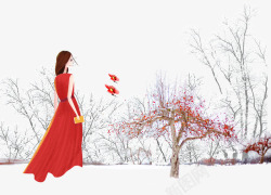 树木梅花树冬季穿红色裙子的女孩高清图片