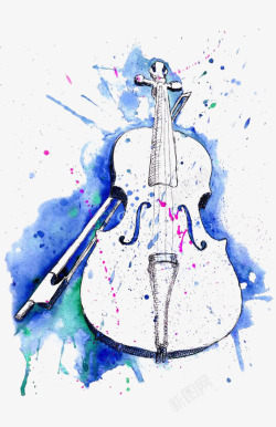 蓝色水彩小提琴素材