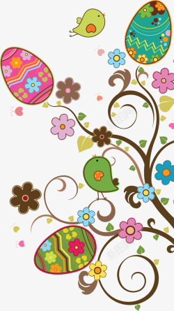 手绘小鸟携着彩蛋手绘彩蛋花朵植物小鸟高清图片
