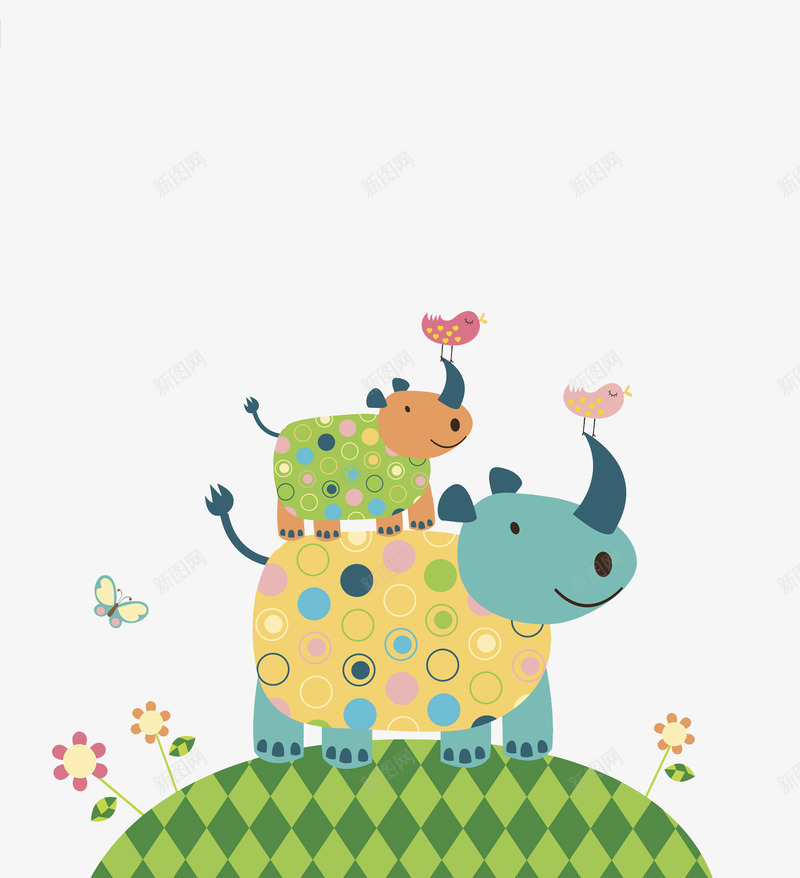 可爱的犀牛png免抠素材_新图网 https://ixintu.com 动物 卡通 小鸟 插图 温馨的 父子 犀牛 花草