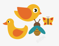 扁平鸭子小鸟蜜蜂蝴蝶矢量图素材