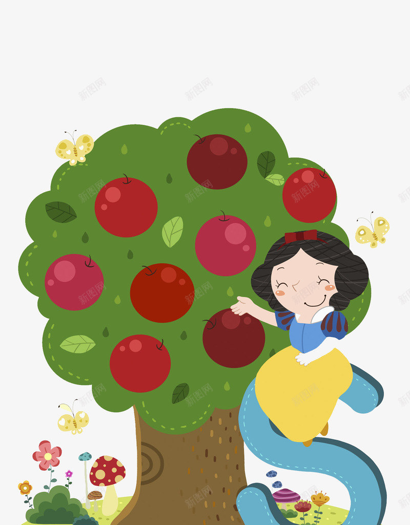 手绘苹果树png免抠素材_新图网 https://ixintu.com 卡通 女孩 手绘 摘苹果 水果 红色 苹果树