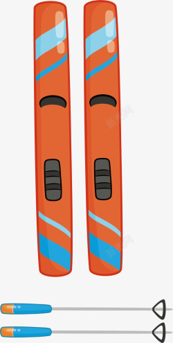 卡通橘色双板滑雪板素材