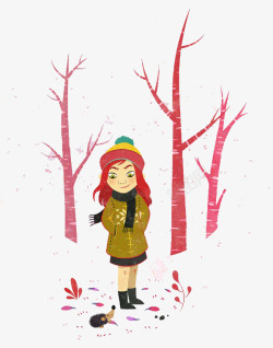 冬季森林的小女孩素材