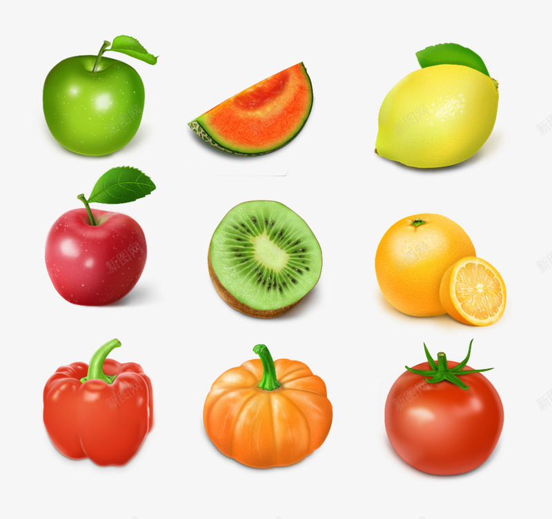 逼真水果和蔬菜图标psd_新图网 https://ixintu.com PNG图标 水果 苹果 蔬菜 西瓜