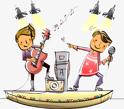 舞台上唱歌png免抠素材_新图网 https://ixintu.com 两个男孩 卡通 插画 灯光 舞台 麦克风