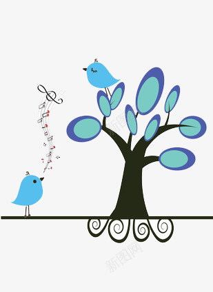 树上的小鸟在听地上的小鸟唱歌png免抠素材_新图网 https://ixintu.com 卡通 唱歌 小鸟 树