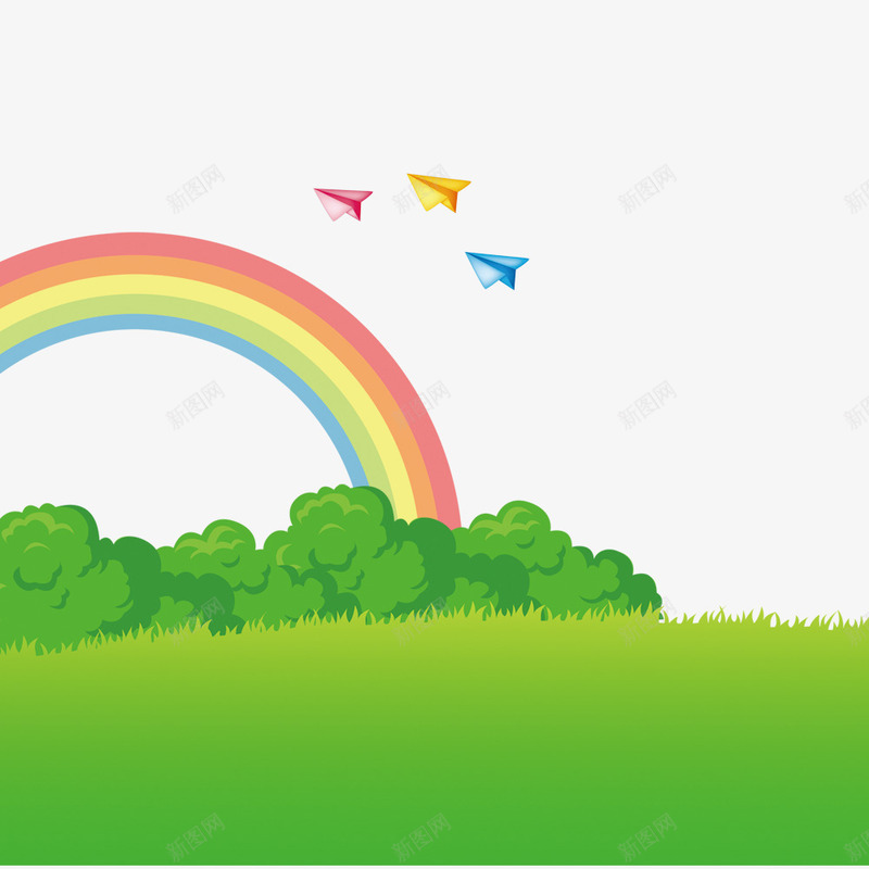 春季png免抠素材_新图网 https://ixintu.com 儿童节素材 彩虹 树林 纸飞机 纸飞机图案 绿地 草地
