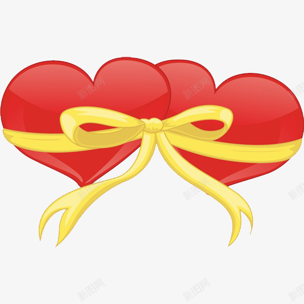 绑一起的心png免抠素材_新图网 https://ixintu.com 卡通 心形 手绘 爱心 简笔 红色的 黄丝带