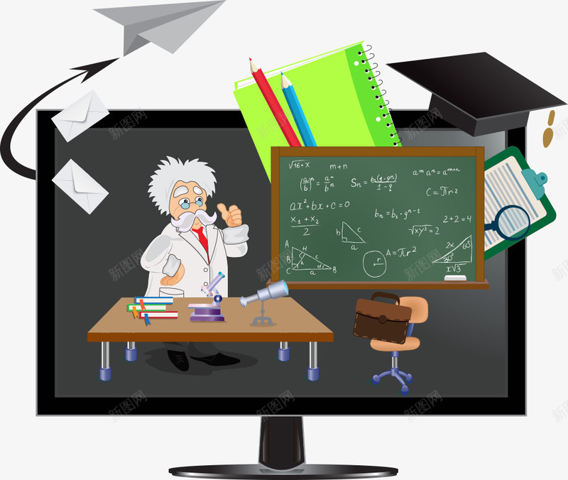 黑板和老师png免抠素材_新图网 https://ixintu.com 化学 卡通黑板 帽子 纸飞机 老师 讲台 黑板